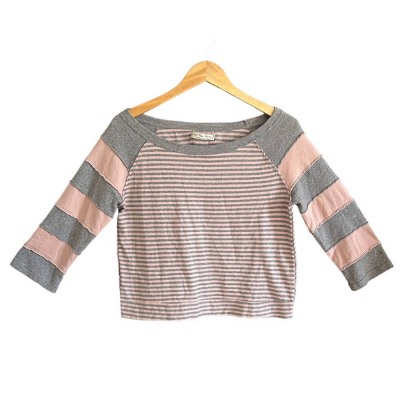 We The Free Pink/Gray Cropped Striped 100% Cotton Sweater Women’s Size M - Picture 1 of 7